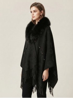 Wool Cape W/ Faux Fur and Rhinestones